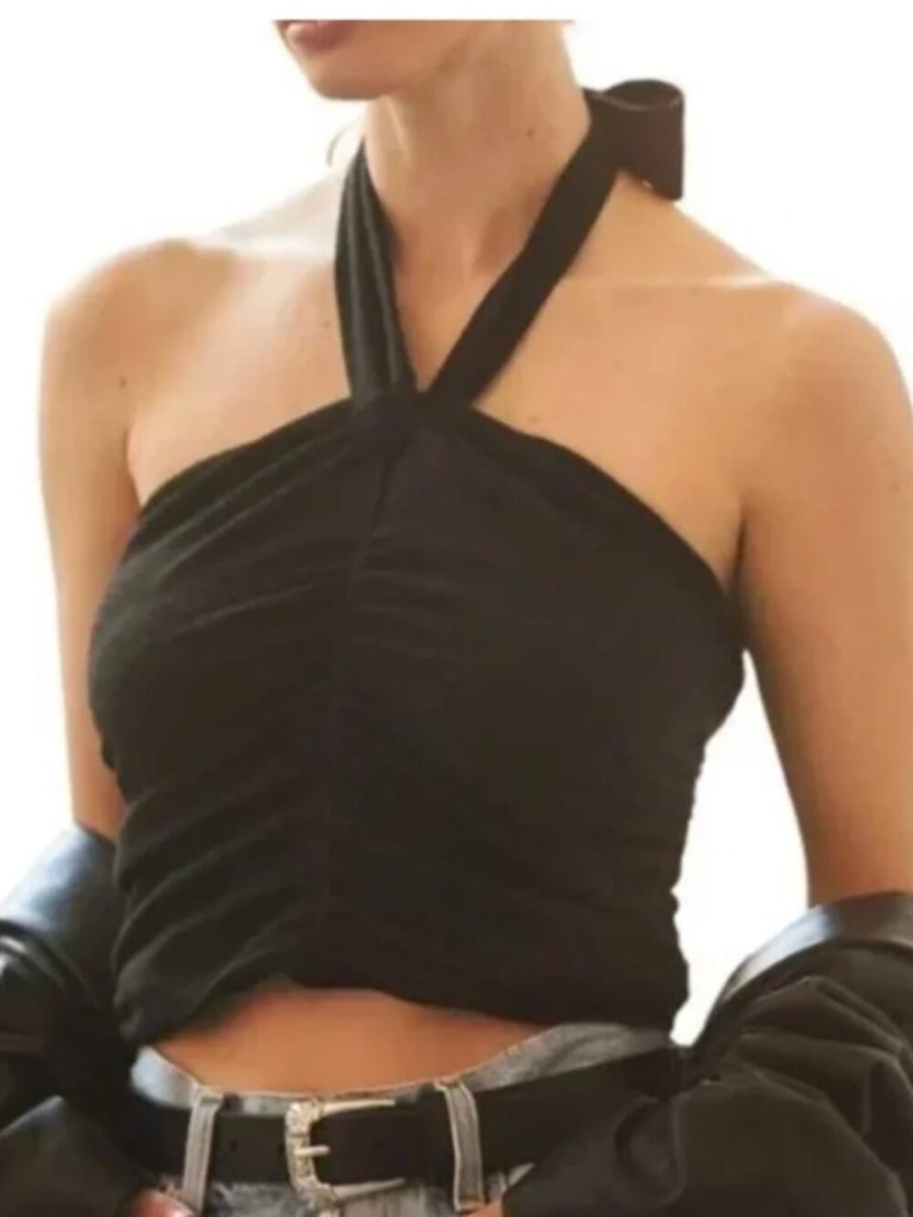 🖤 Anthropologie En Elly Ruched Halter Crop Top Black L
